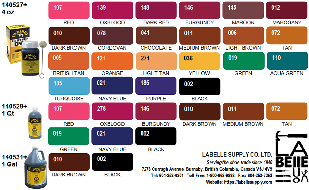 140527002 Fiebing's Leather Dye 3 Sizes Colour Charts - LaBelle Supply